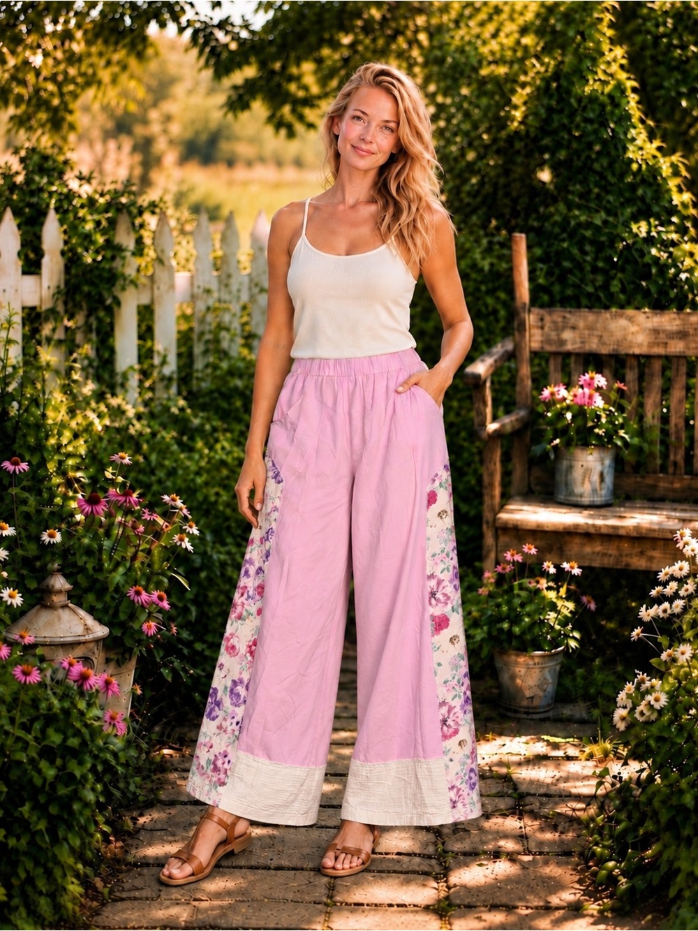 POL Large Pink Floral Panel Wide Leg Cotton Pants Boho Artsy